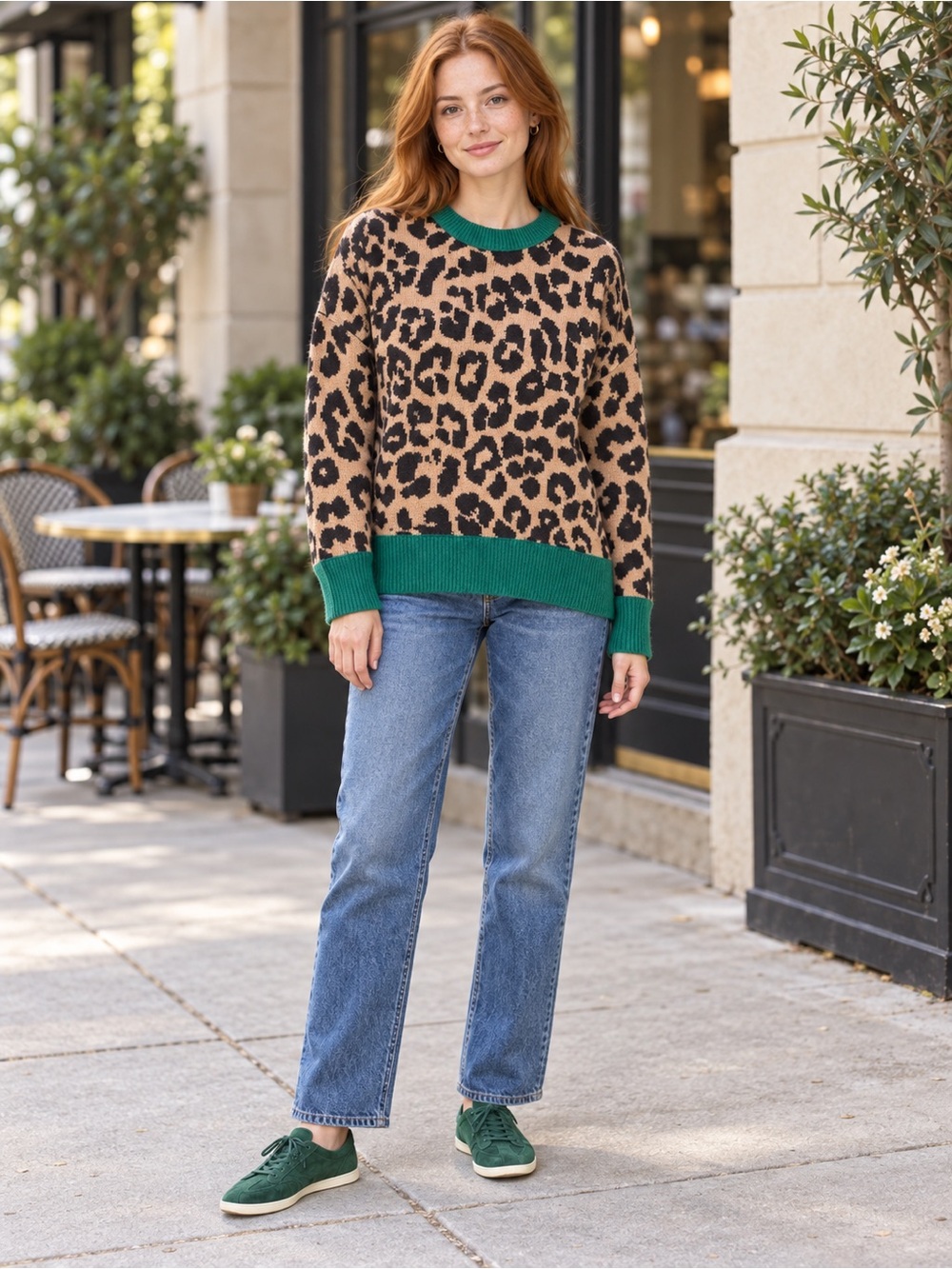 Aerie Leopard Print Sweater XS Green Trim Oversized Crewneck Knit Cozy #994CL